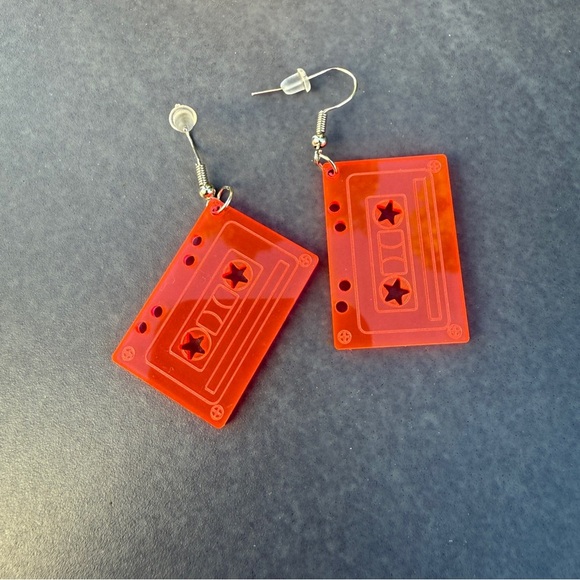 Retro 90s Cassette Tape Earrings - Pink Acrylic - Picture 1 of 8